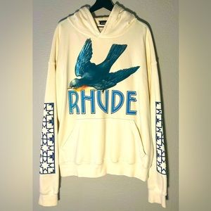 Rhude Hoodie Cream Bird Tile Graphic Print Logo Oversized Winter Long Sleeve